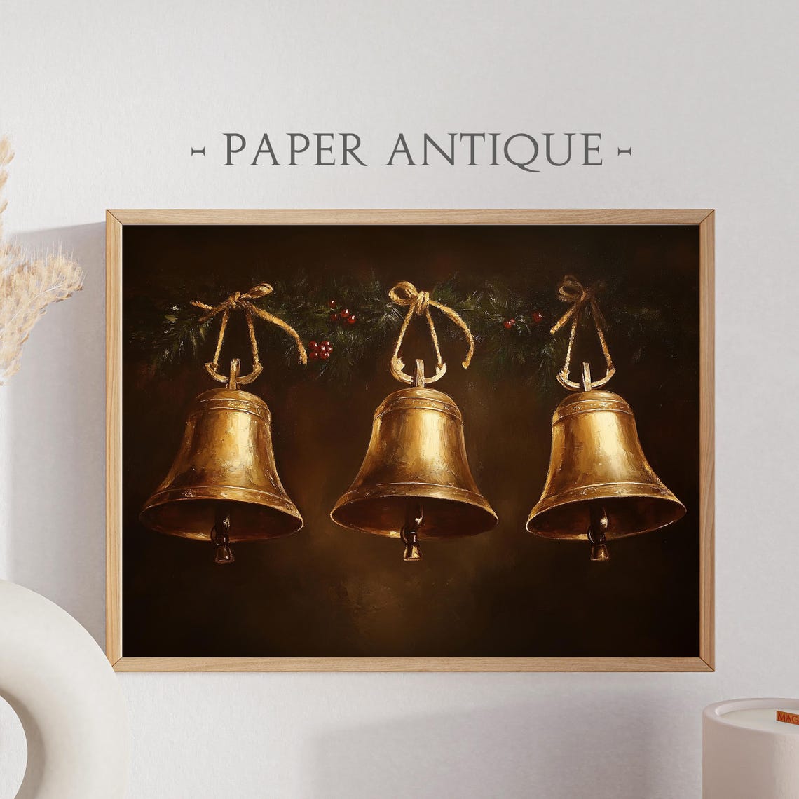 Three Golden Bells Hanging Greenery Dark Christmas Art Poster