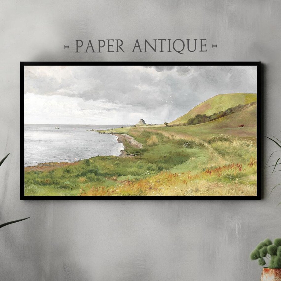 Coastal Bay Green Hills Vintage Seaside Landscape Oil Painting Poster