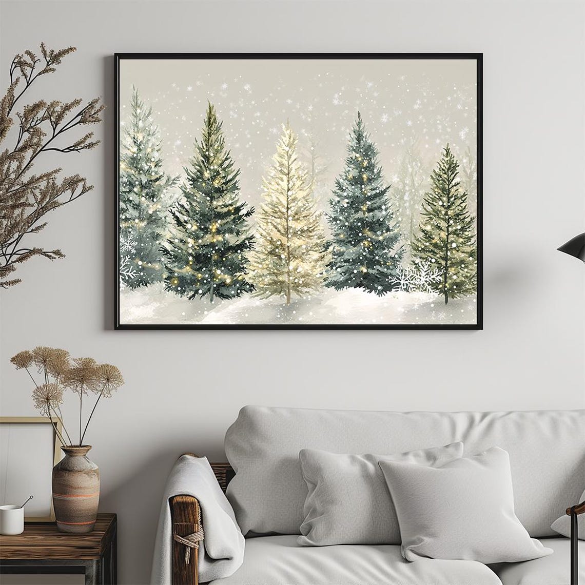 Watercolor Christmas Trees With Golden Twinkle Lights Winter Poster - Image 5