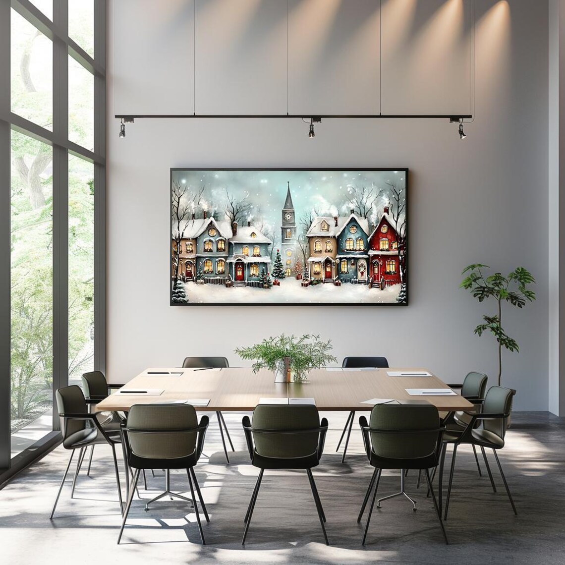 Snowy Christmas Village Street Clock Tower Watercolor Poster - Image 3