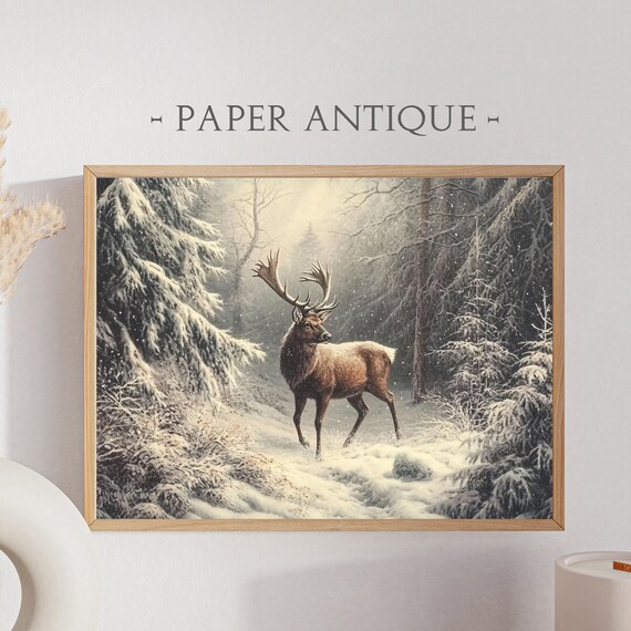 Majestic Stag in Snowy Winter Forest Victorian Oil Painting Poster