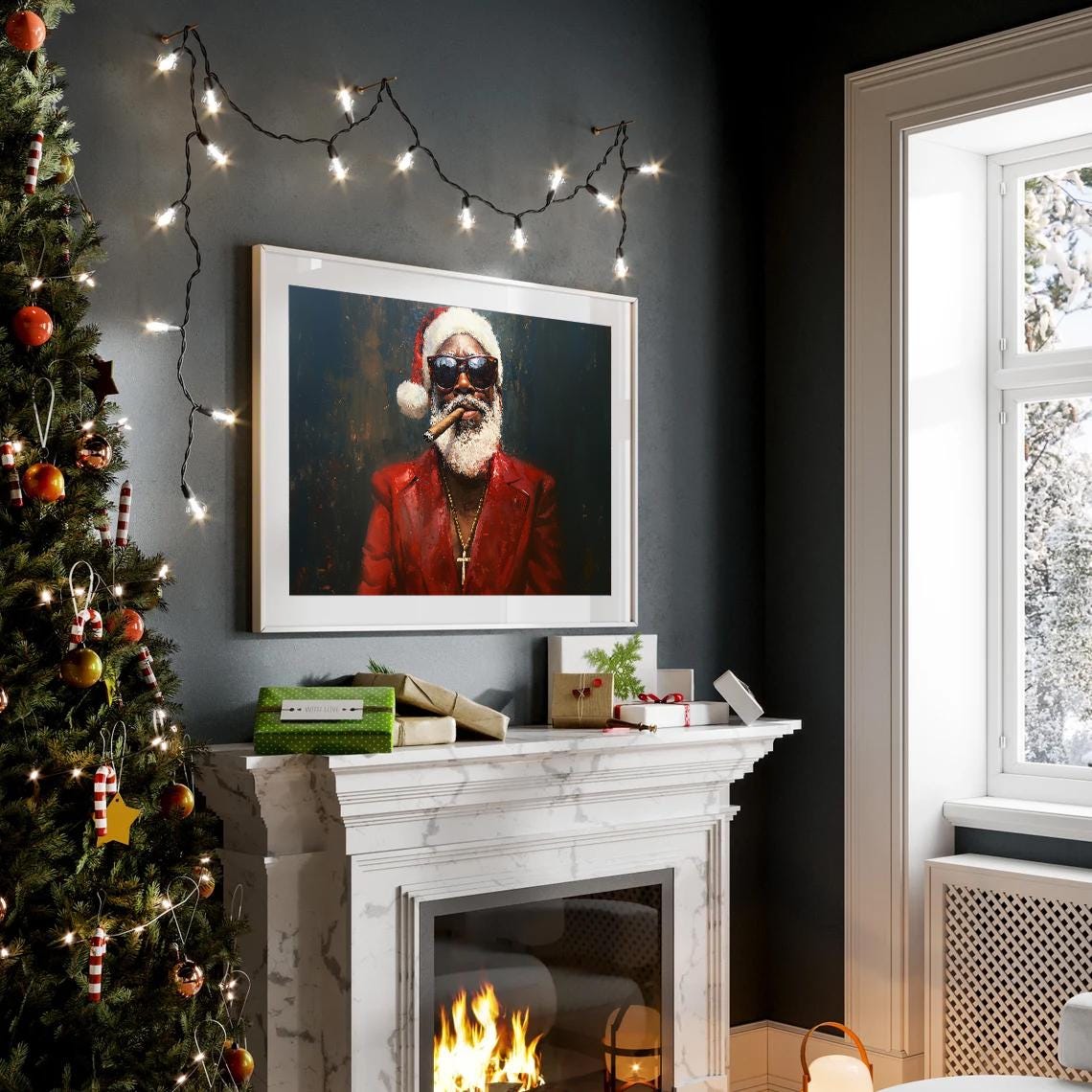 Bold Cool Santa Sunglasses Cigar Dark Oil Painting Modern Poster - Image 2