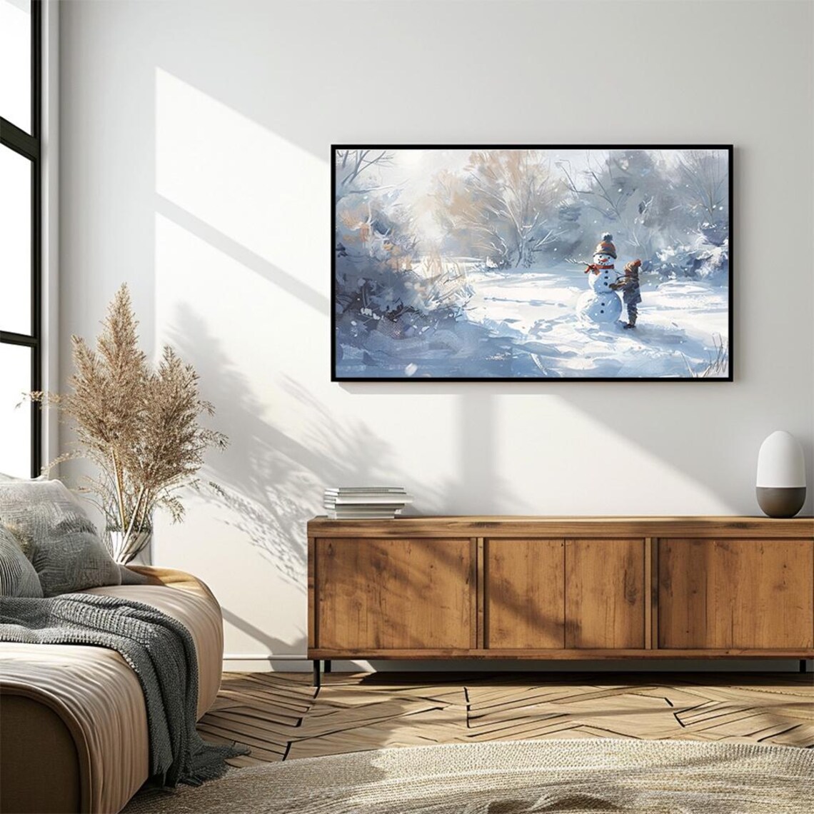 Child Building Snowman in Winter Wonderland Watercolor Poster - Image 4