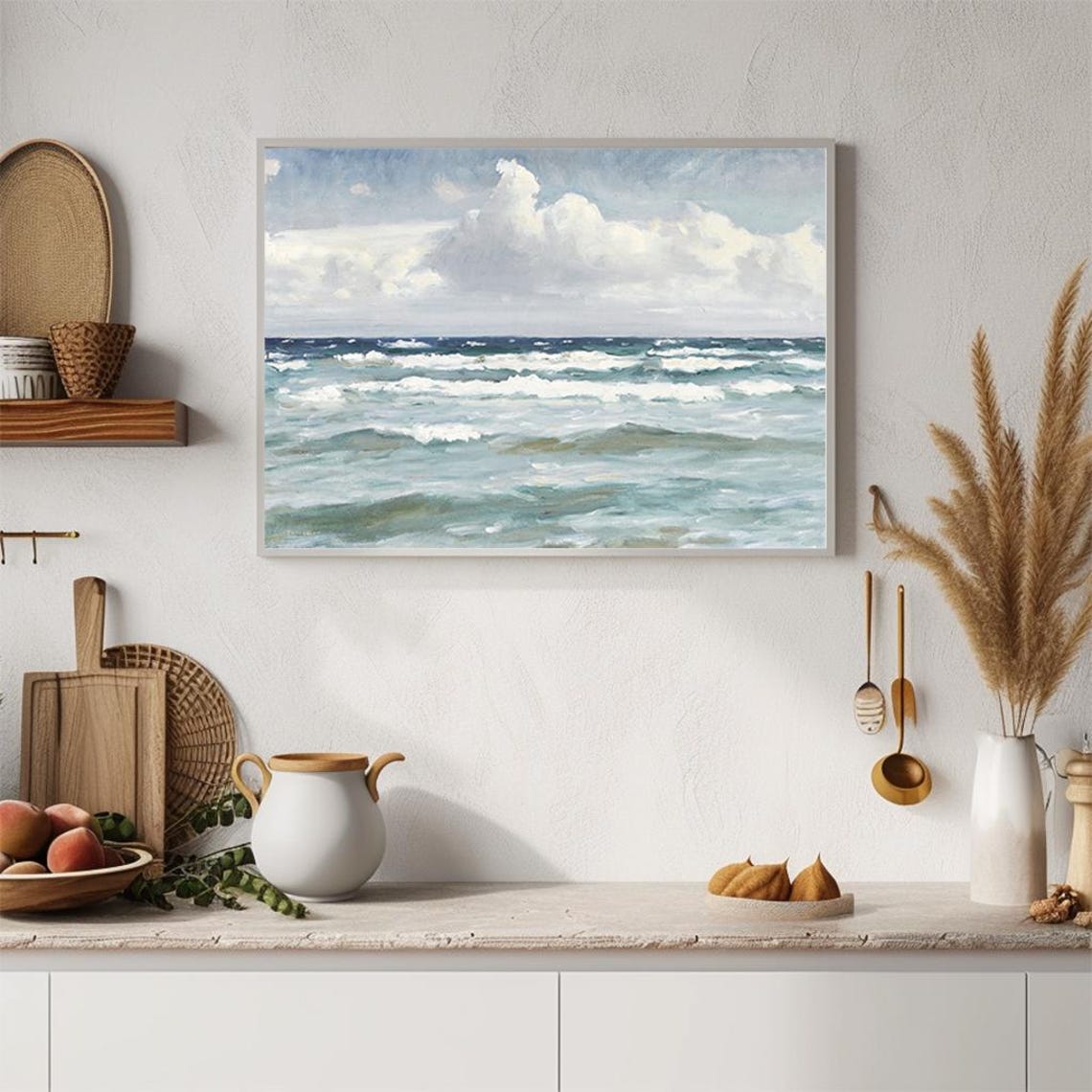 Ocean Waves Impressionist Seascape Blue Clouded Sky Painting Poster - Image 4