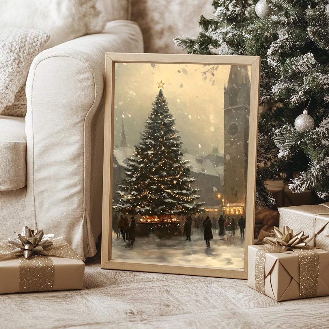 Christmas Tree in Town Square Snowy Evening Oil Painting Poster - Image 5