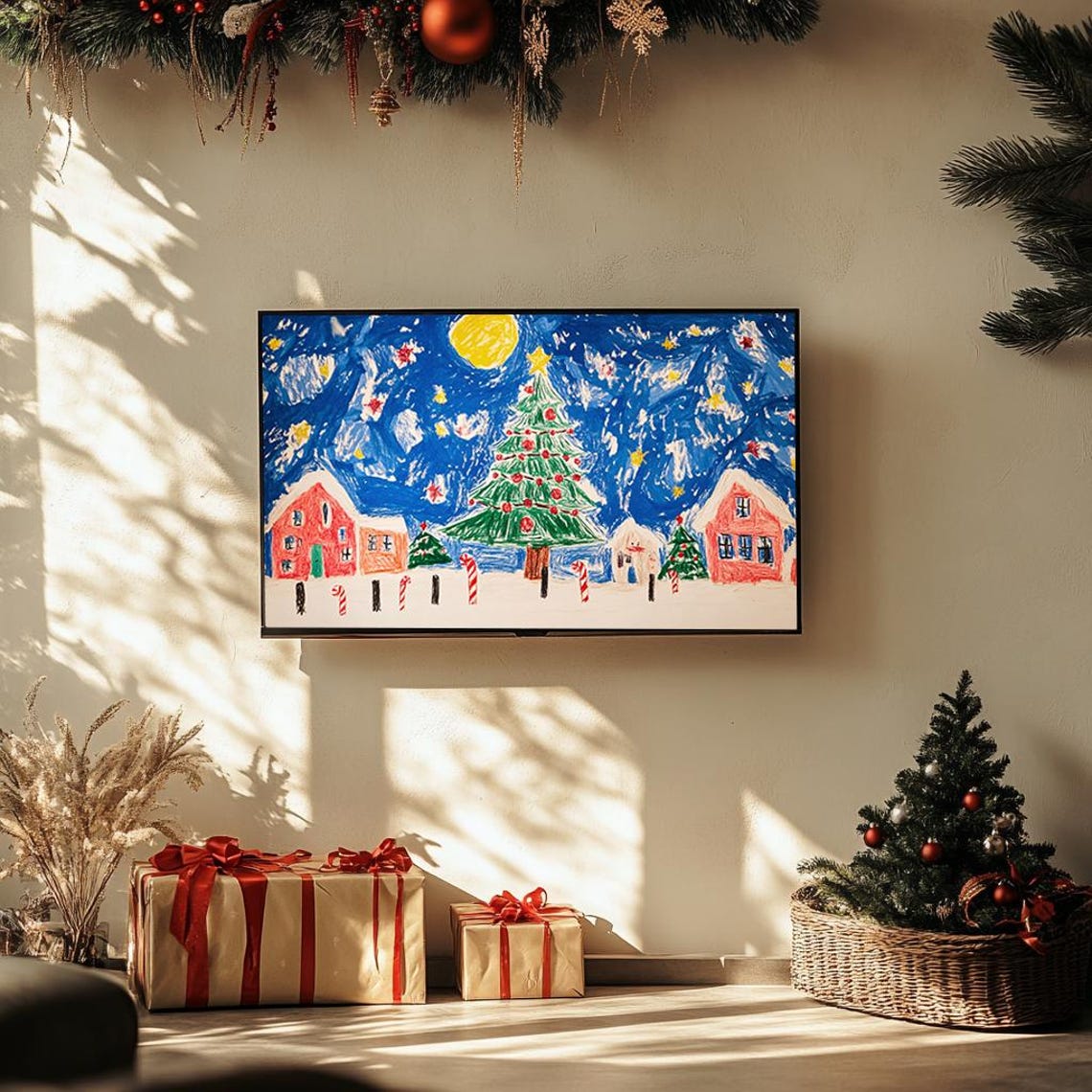 Colorful Christmas Village Drawing Kids Art Winter Scene Poster - Image 3
