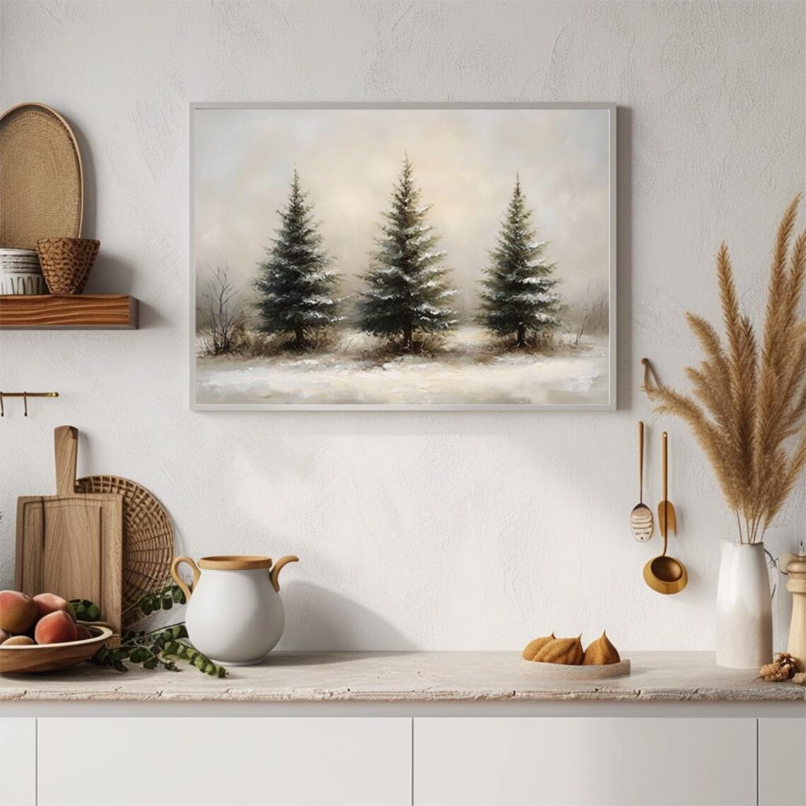 Three Snowy Pine Trees in Misty Winter Field Minimalist Painting Poster - Image 4
