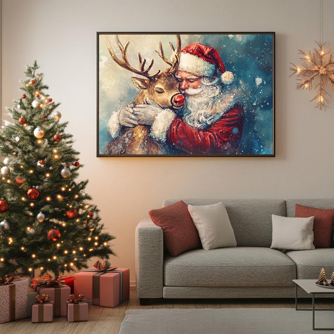 Santa Claus Hugging Red Nosed Reindeer Festive Oil Painting Poster - Image 5