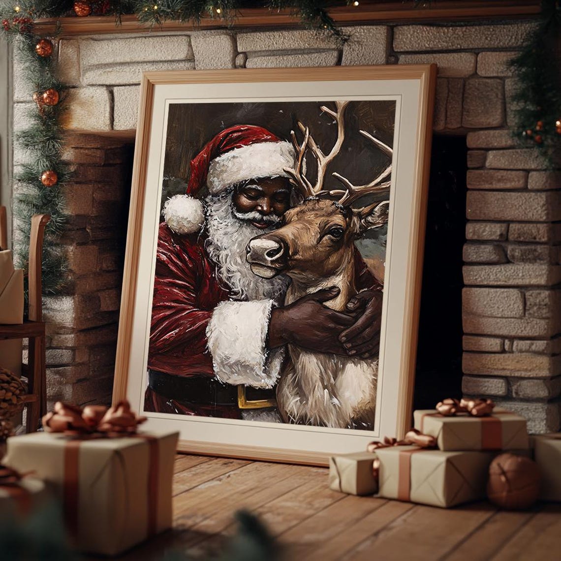 Black Santa Claus Hugging Reindeer Warm Painterly Christmas Poster - Image 3