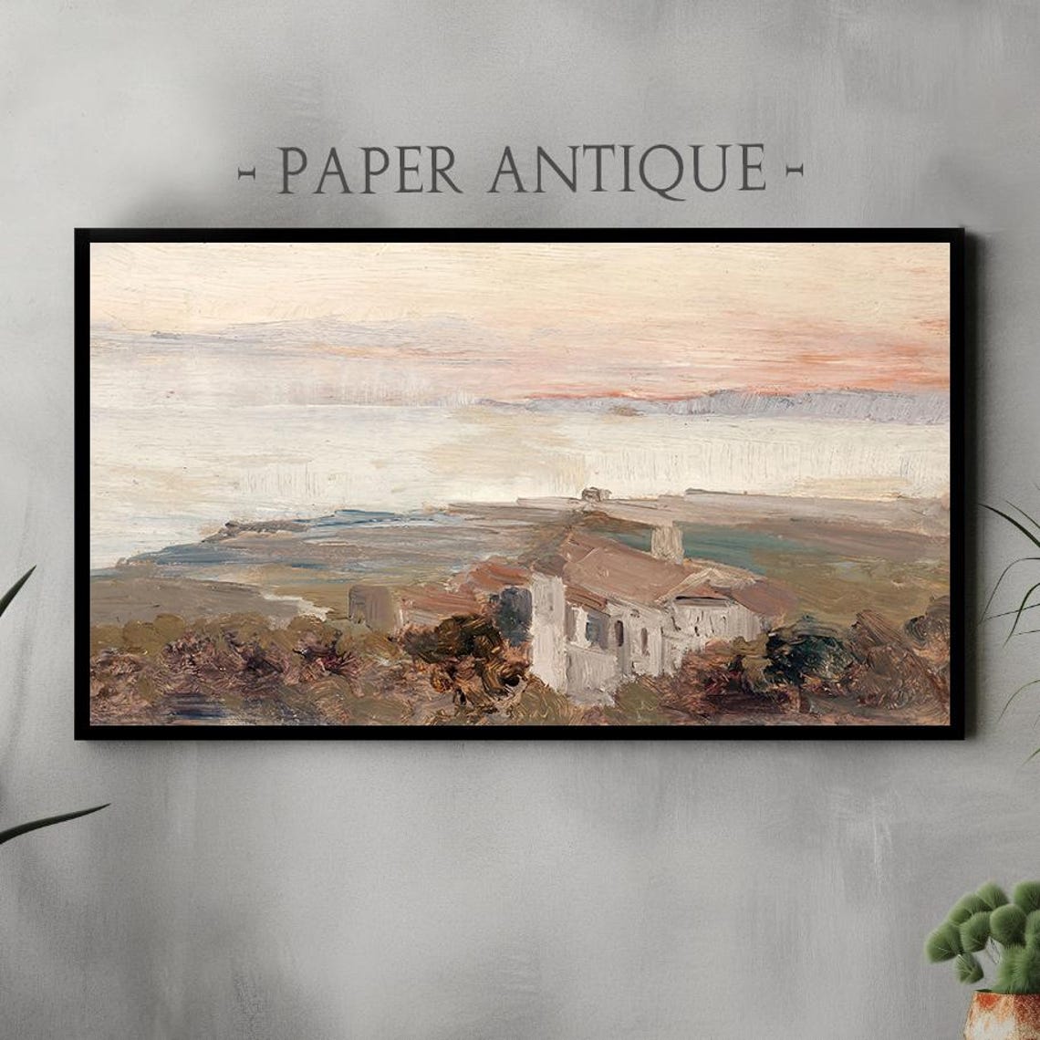 Blush Sunset Sky Village Hills Vintage Pastel Landscape Poster