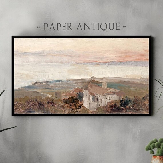 Blush Sunset Sky Village Hills Vintage Pastel Landscape Poster