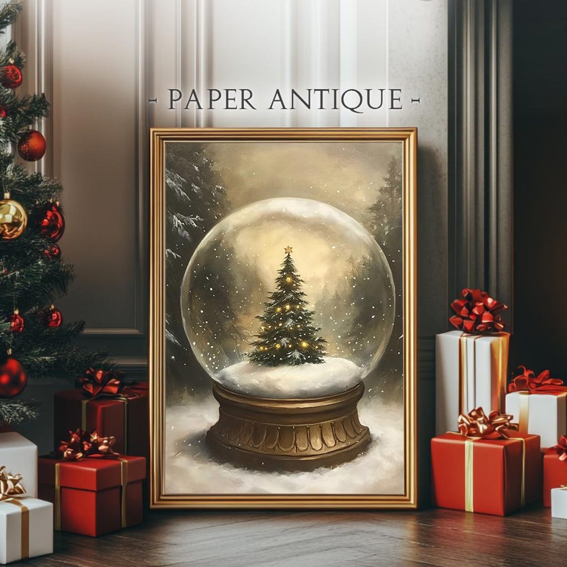 Christmas Tree Snow Globe In Snowy Forest Vintage Painting Poster - Image 4