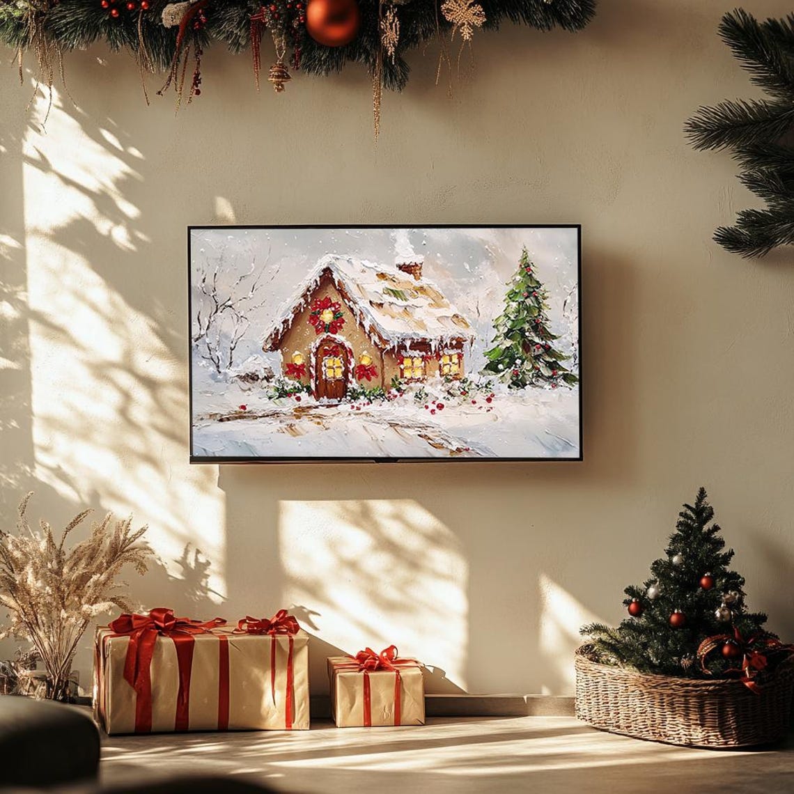 Snowy Cottage With Red Bows Christmas Tree Winter Art Poster - Image 3