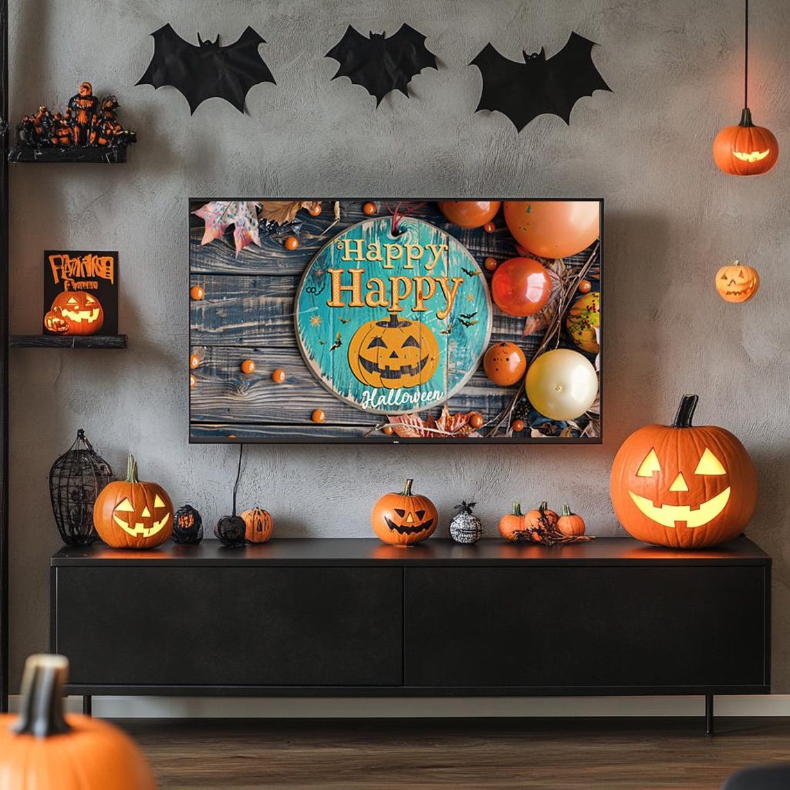 Happy Halloween Teal Round Sign Jack O Lantern Pumpkins Decor Poster - Image 5