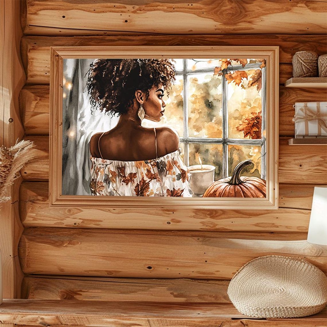 Woman Gazing Out Autumn Window Cozy Fall Watercolor Portrait Poster - Image 4