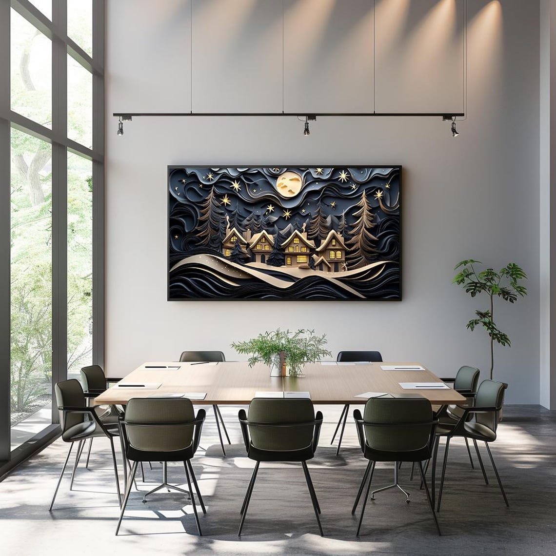Layered Paper Cut Winter Village Night Moon Stars Art Poster - Image 3