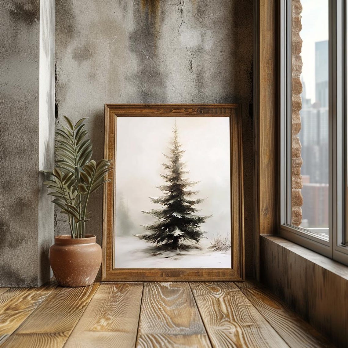 Lone Pine Tree In Misty Snow Minimalist Winter Watercolor Poster - Image 3