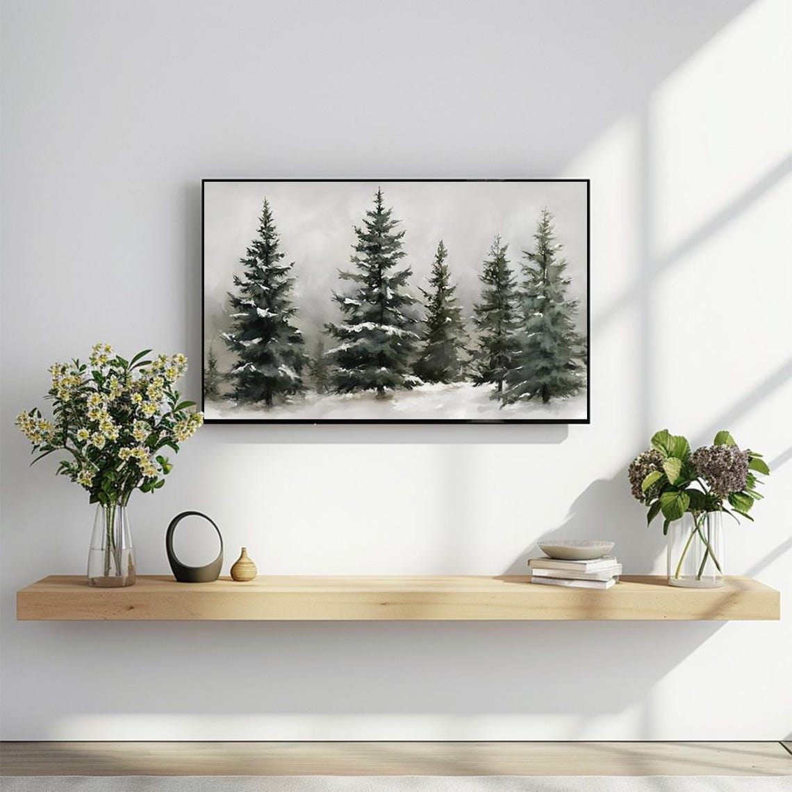 Serene Snowy Pine Trees Watercolor Winter Landscape Art Poster - Image 2