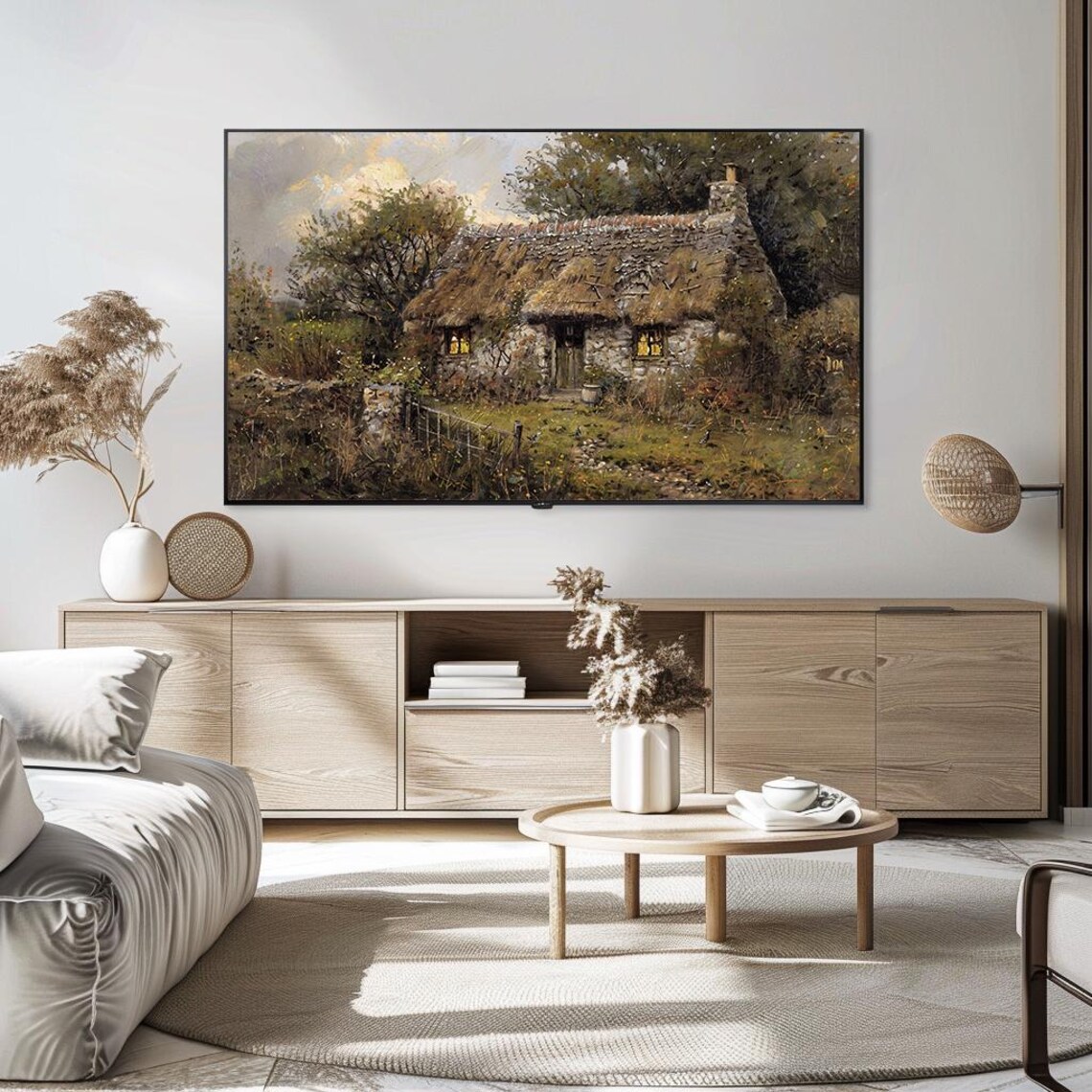 Thatched Stone Cottage Glowing Windows Countryside Oil Painting Poster - Image 5