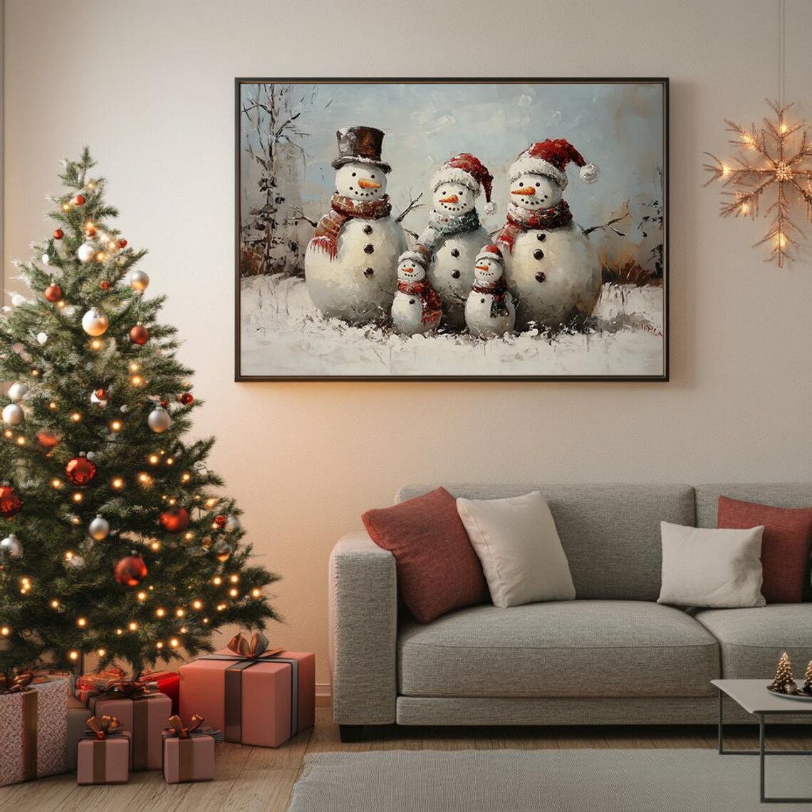Vintage Snowman Family Five Snowy Winter Painting Cute Poster - Image 5