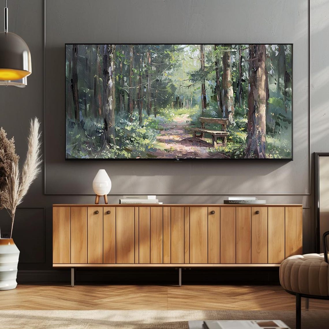 Sunlit Forest Path with Wooden Bench Impressionist Art Poster - Image 2