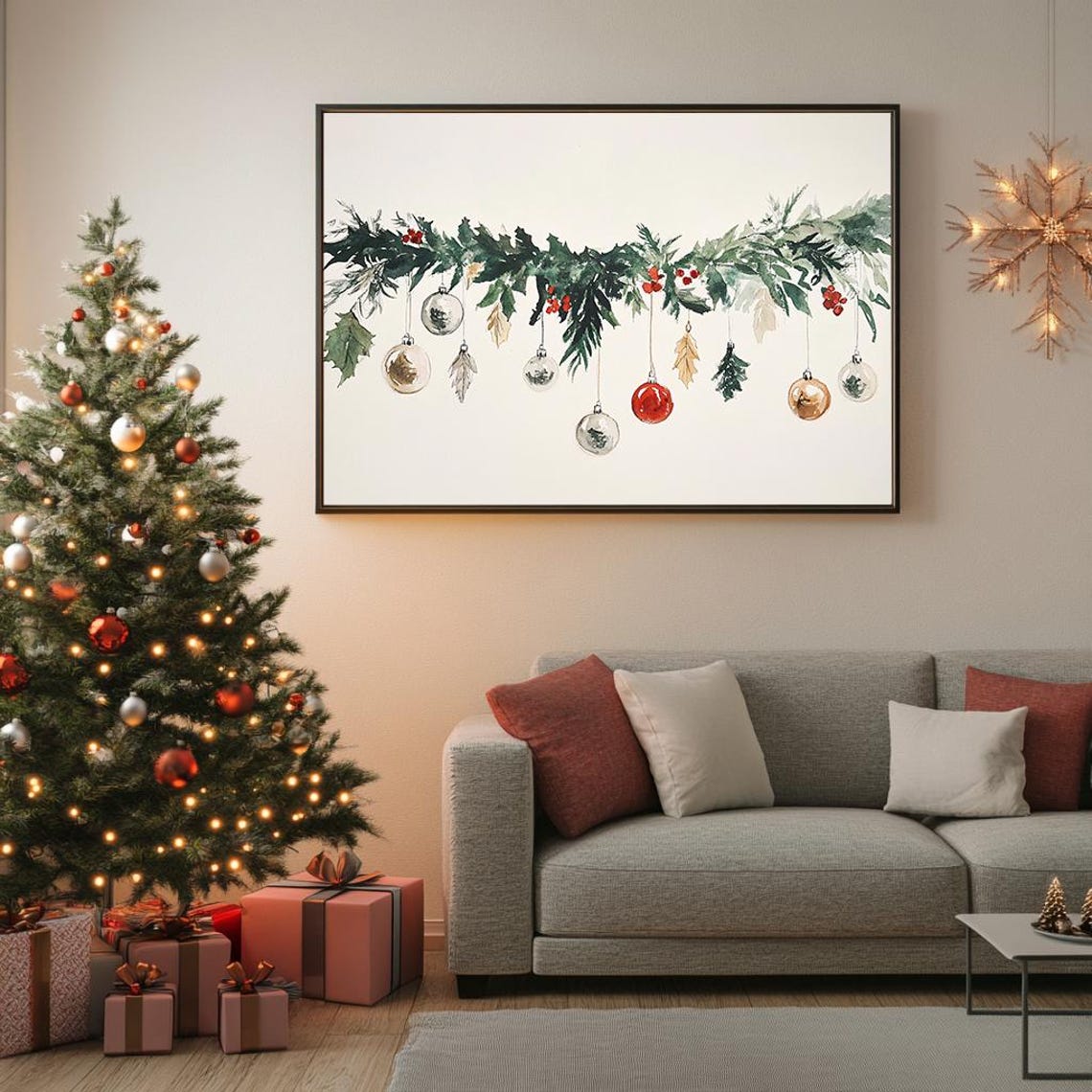 Christmas Garland With Ornaments Watercolor Holiday Botanical Poster - Image 5