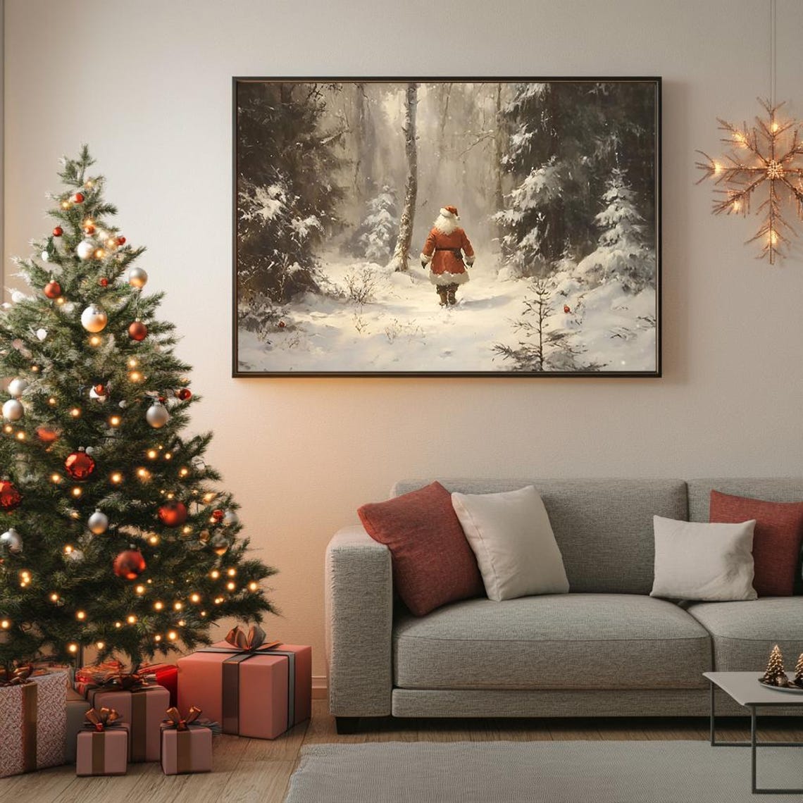 Santa Claus Walking Through Snowy Forest Path Vintage Painting Poster - Image 5