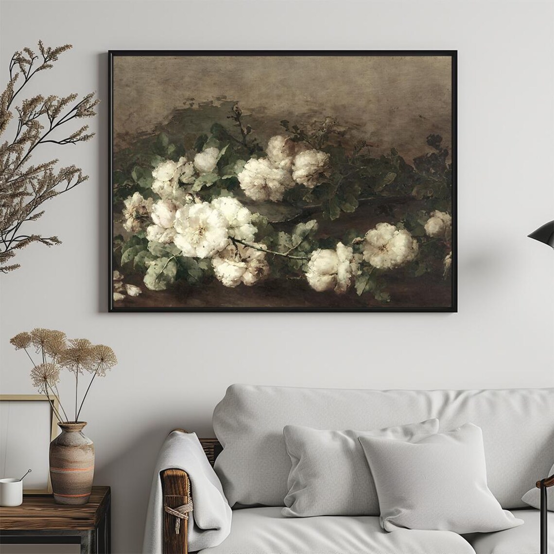 White Roses Dark Moody Still Life Vintage Floral Oil Painting Poster - Image 5