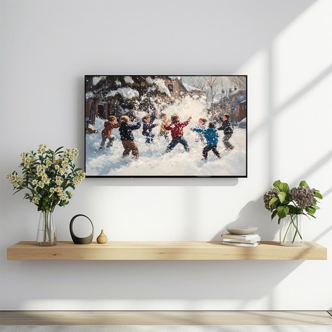 Children Snowball Fight Vibrant Winter Scene Oil Painting Holiday Poster - Image 2