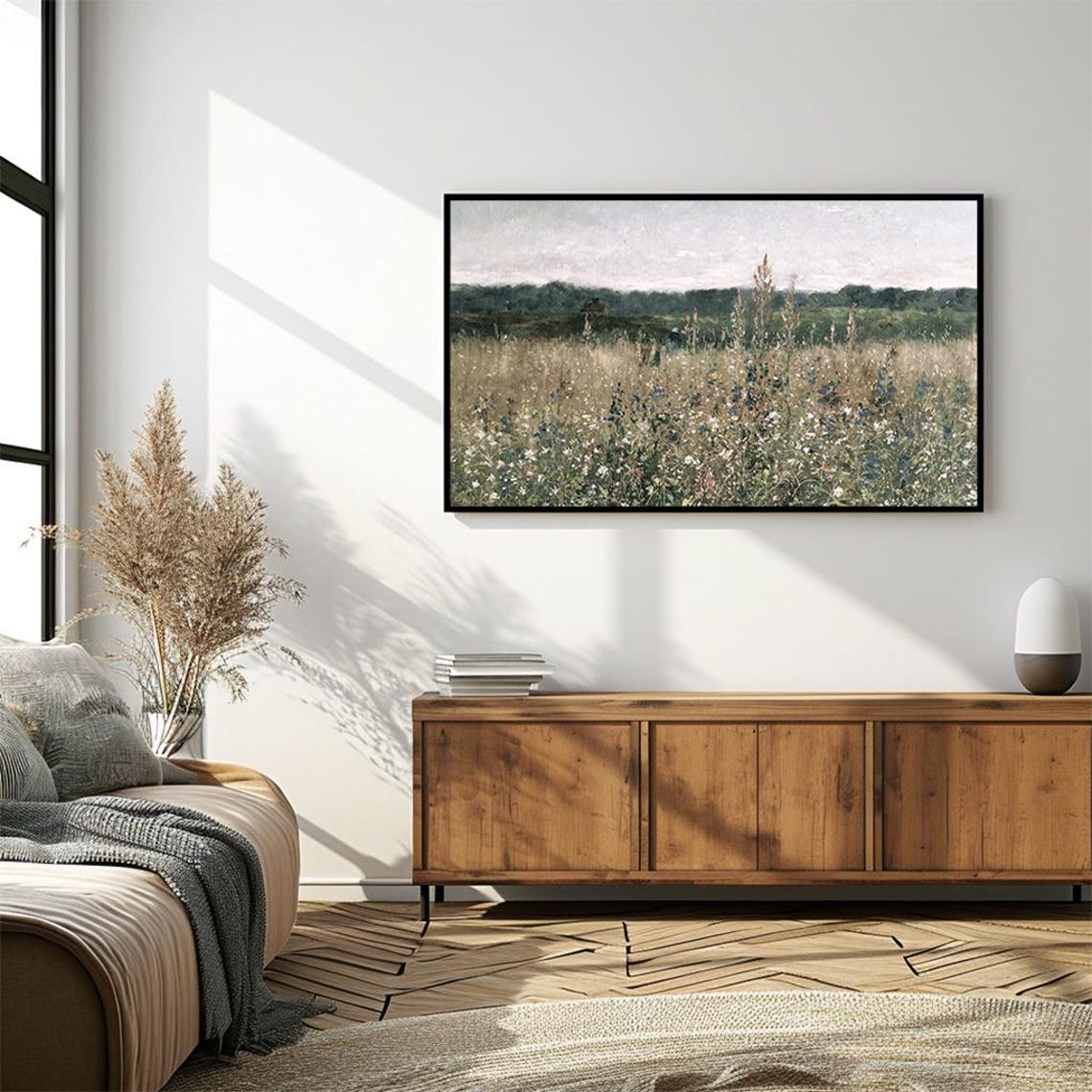 Wildflower Field With Lone Walker Muted Vintage Meadow Poster - Image 4