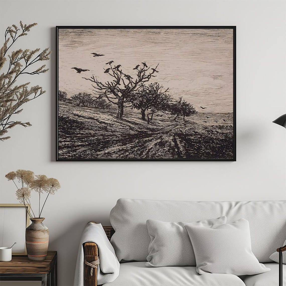 Birds On Bare Winter Tree Black Ink Sketch Etched Art Poster - Image 5