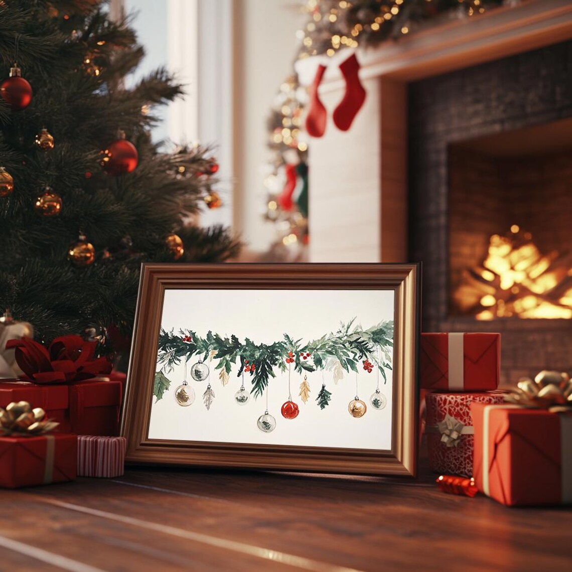 Christmas Garland With Ornaments Watercolor Holiday Botanical Poster - Image 3