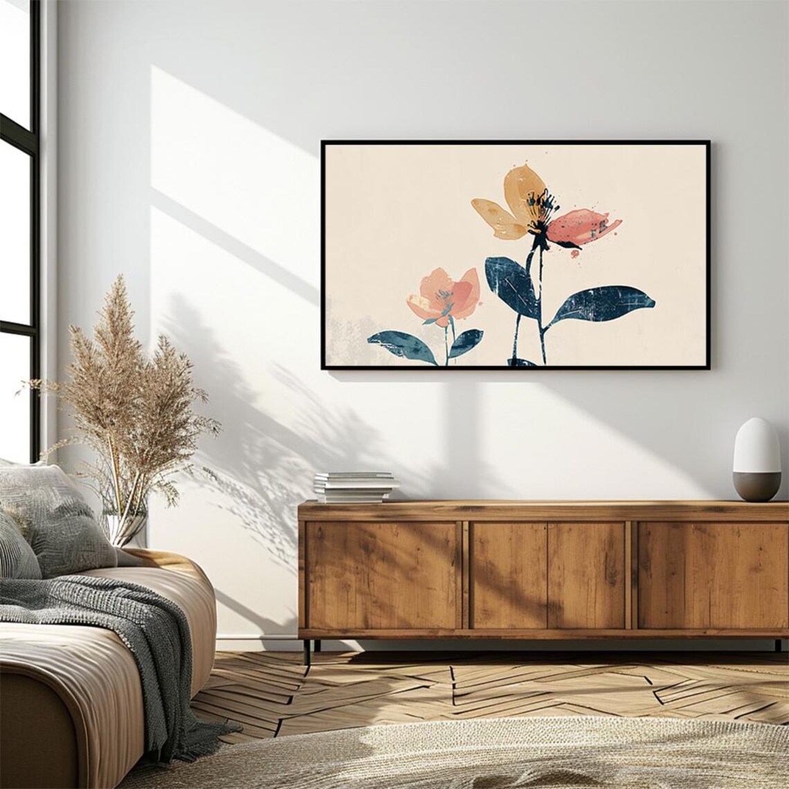 Modern Minimalist Floral Two Stylized Flowers Navy Leaves Poster - Image 4