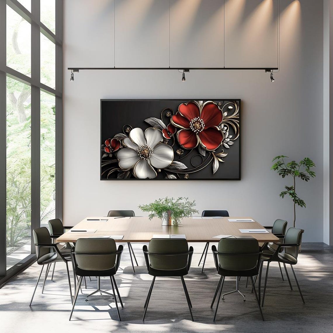 Red White Metallic Flowers Black Background 3D Floral Art Poster - Image 3