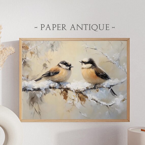 Songbirds Perched Snowy Branch Soft Winter Watercolor Art Poster