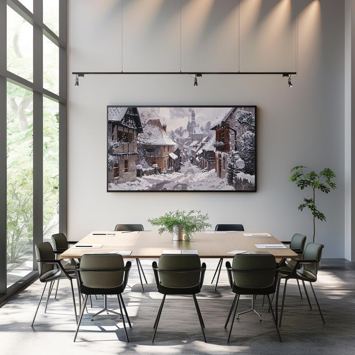 Snowy European Old Town Street Half Timbered Winter Painting Poster - Image 3