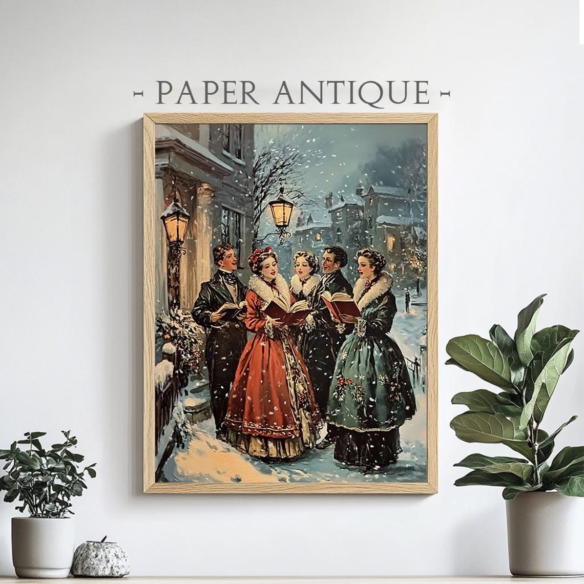 Victorian Christmas Carolers Singing in Snow Lamp Lit Street Poster