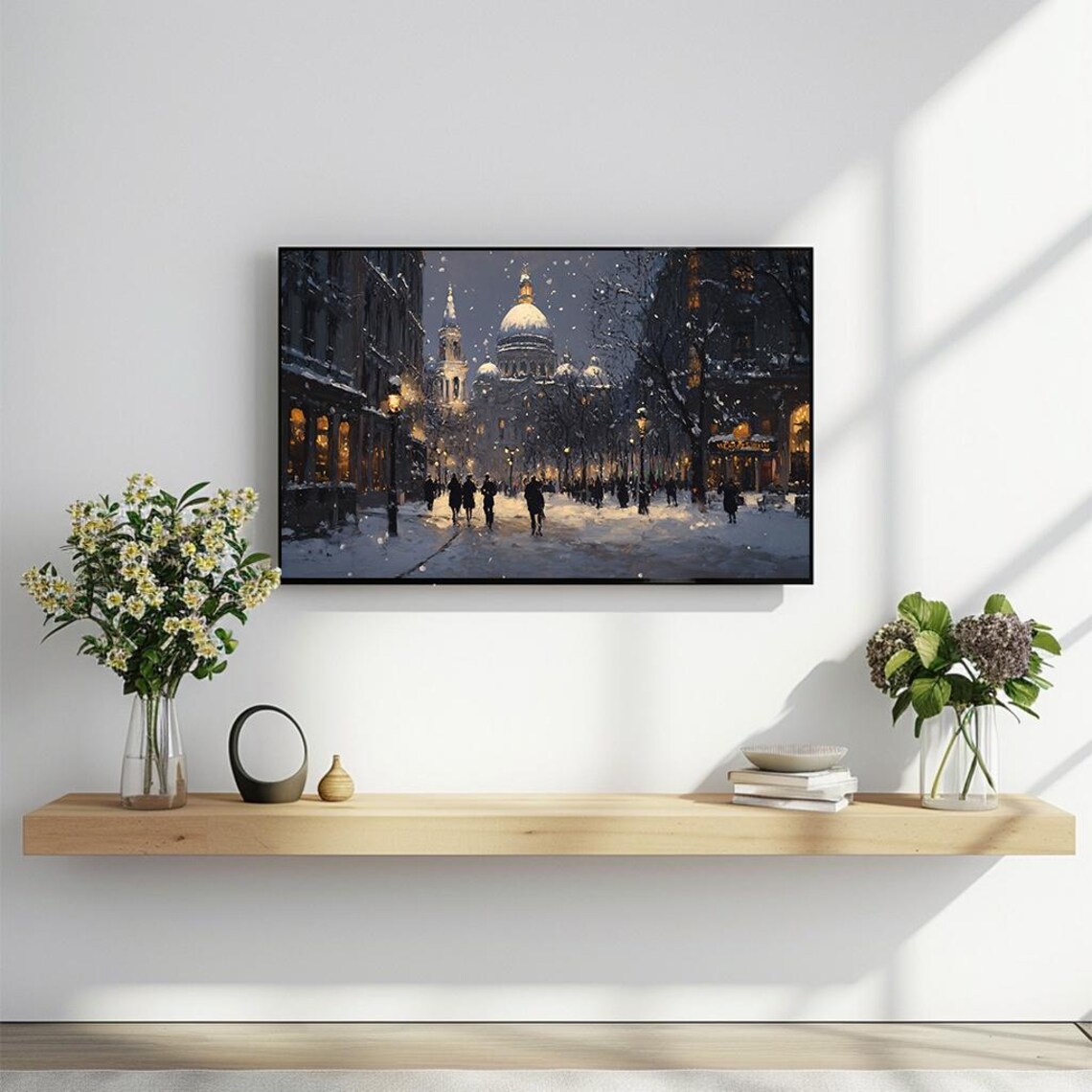 Snowy City Street Cathedral Evening Oil Painting Winter Scene Poster - Image 2