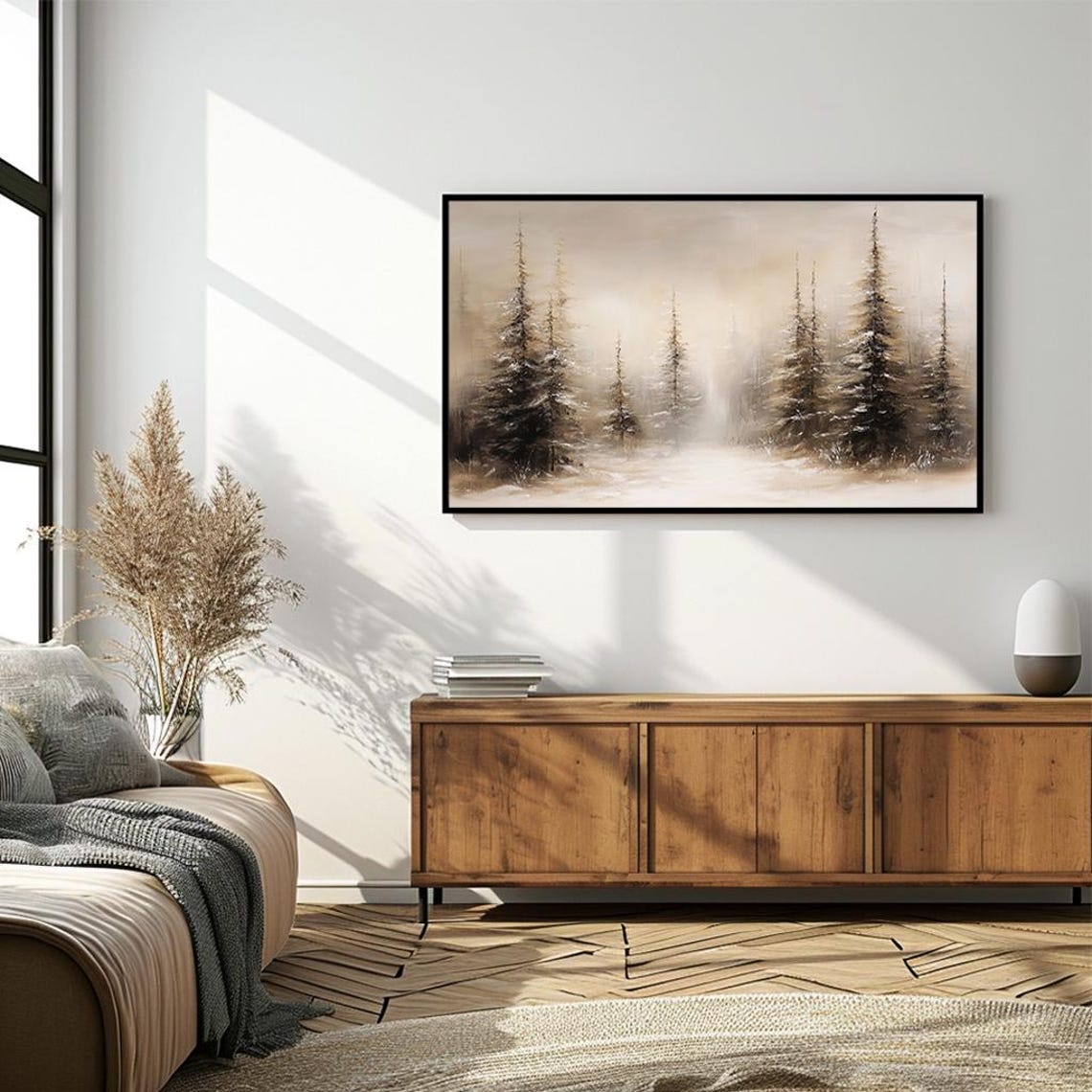 Serene Winter Landscape with Snowy Pines Soft Neutral Painting Poster - Image 4