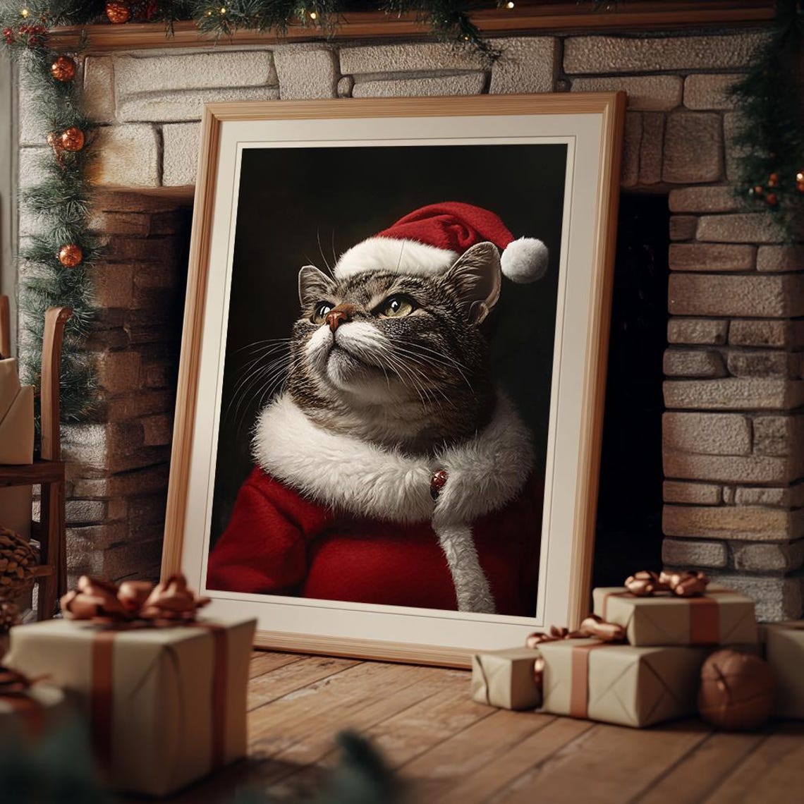 Tabby Cat Dressed In Santa Suit Cute Christmas Pet Portrait Poster - Image 3