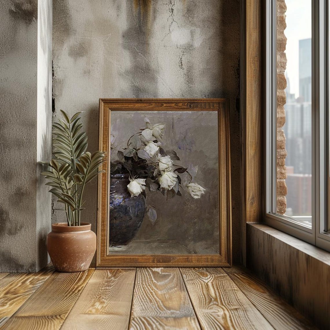 White Roses In Dark Vase Elegant Floral Still Life Painting Poster - Image 3