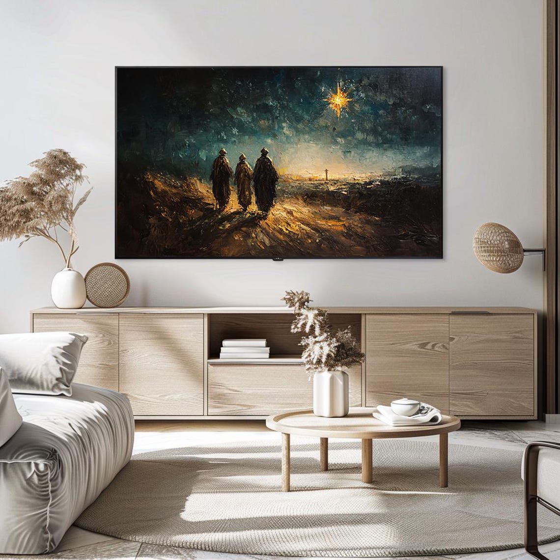 Three Wise Men Following Star Expressionist Biblical Night Poster - Image 5