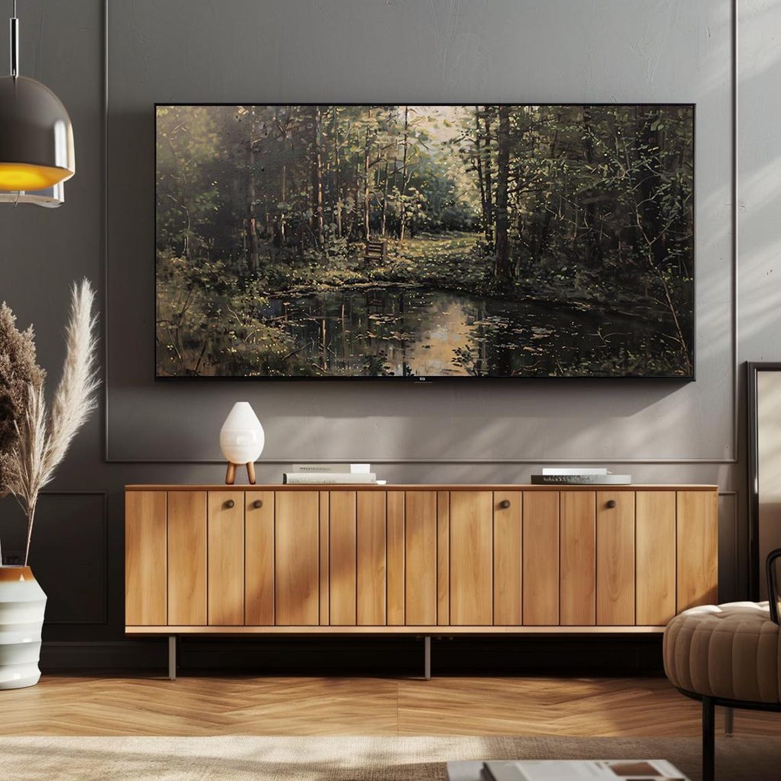 Tranquil Forest Pond Painting Dark Green Woodland Scenery Poster - Image 2