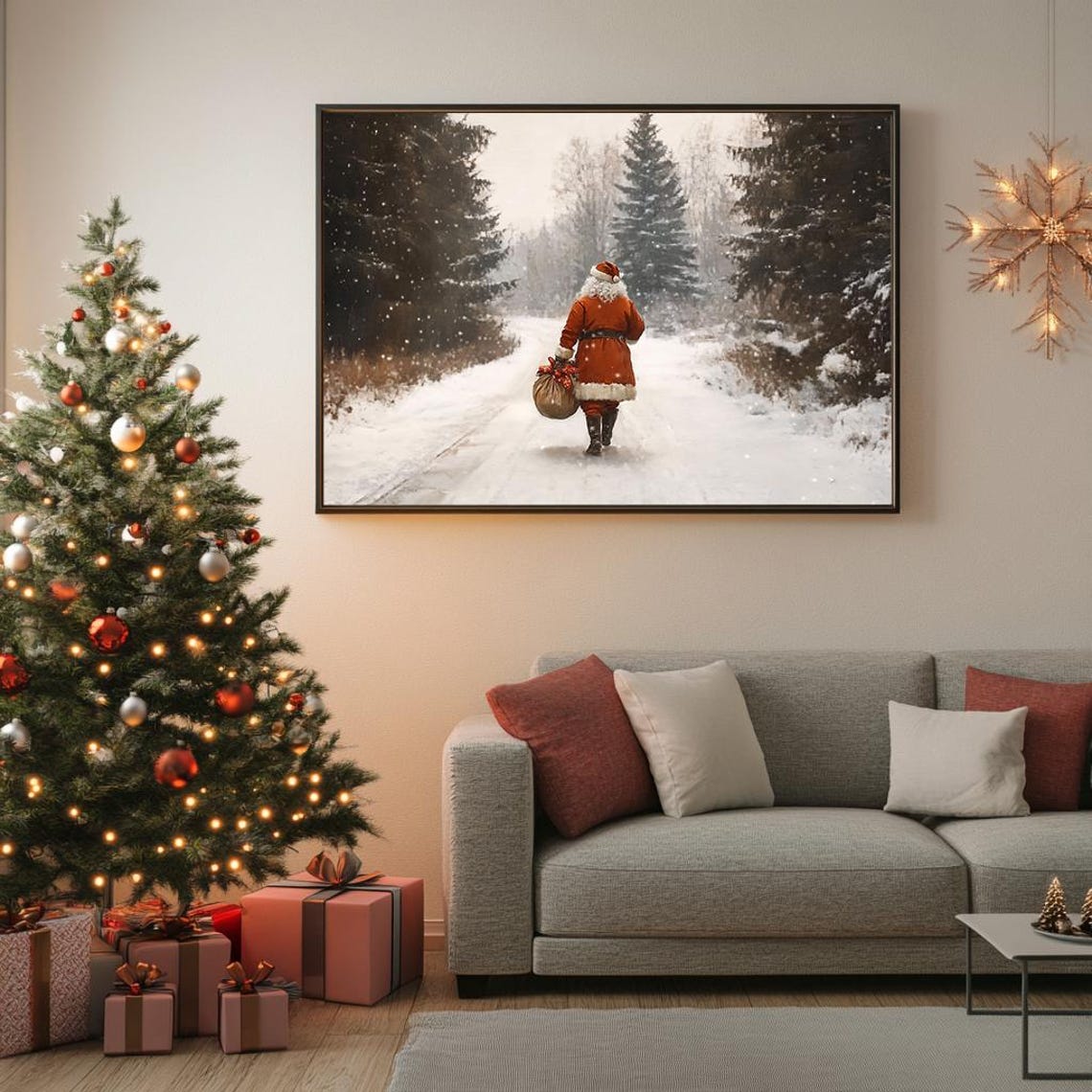 Santa Walking Snowy Forest Gift Bag Falling Snow Painting Poster - Image 5