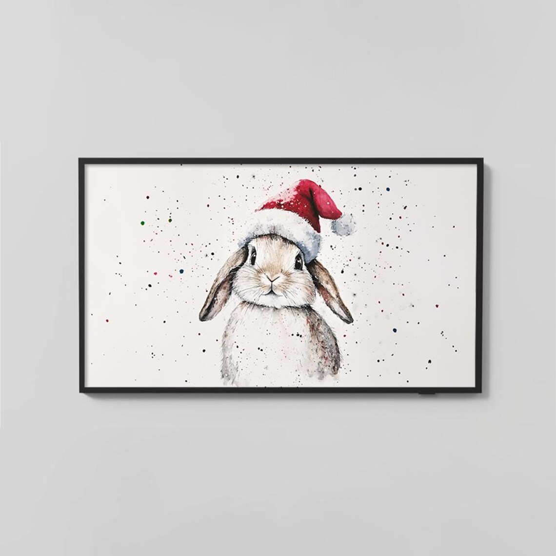 Festive Bunny in Santa Hat Playful Watercolor Christmas Poster - Image 2