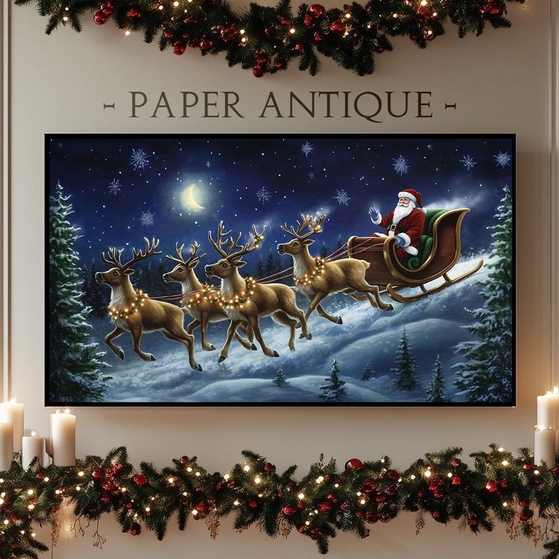 Santa Flying Sleigh with Reindeer Magical Christmas Night Sky Poster