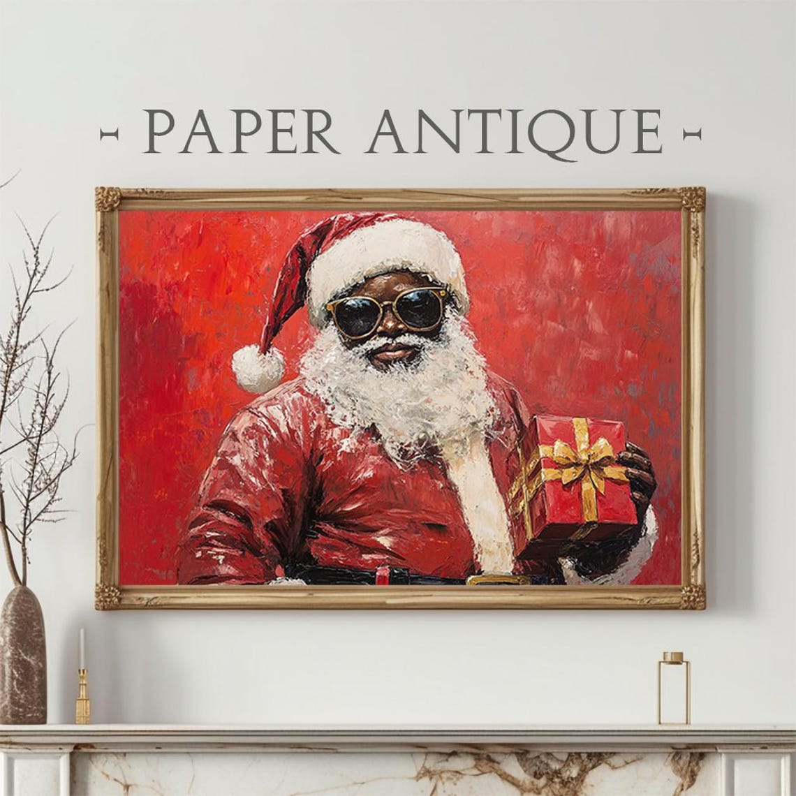 Cool Black Santa with Sunglasses Holding Gift Bold Red Painting Poster