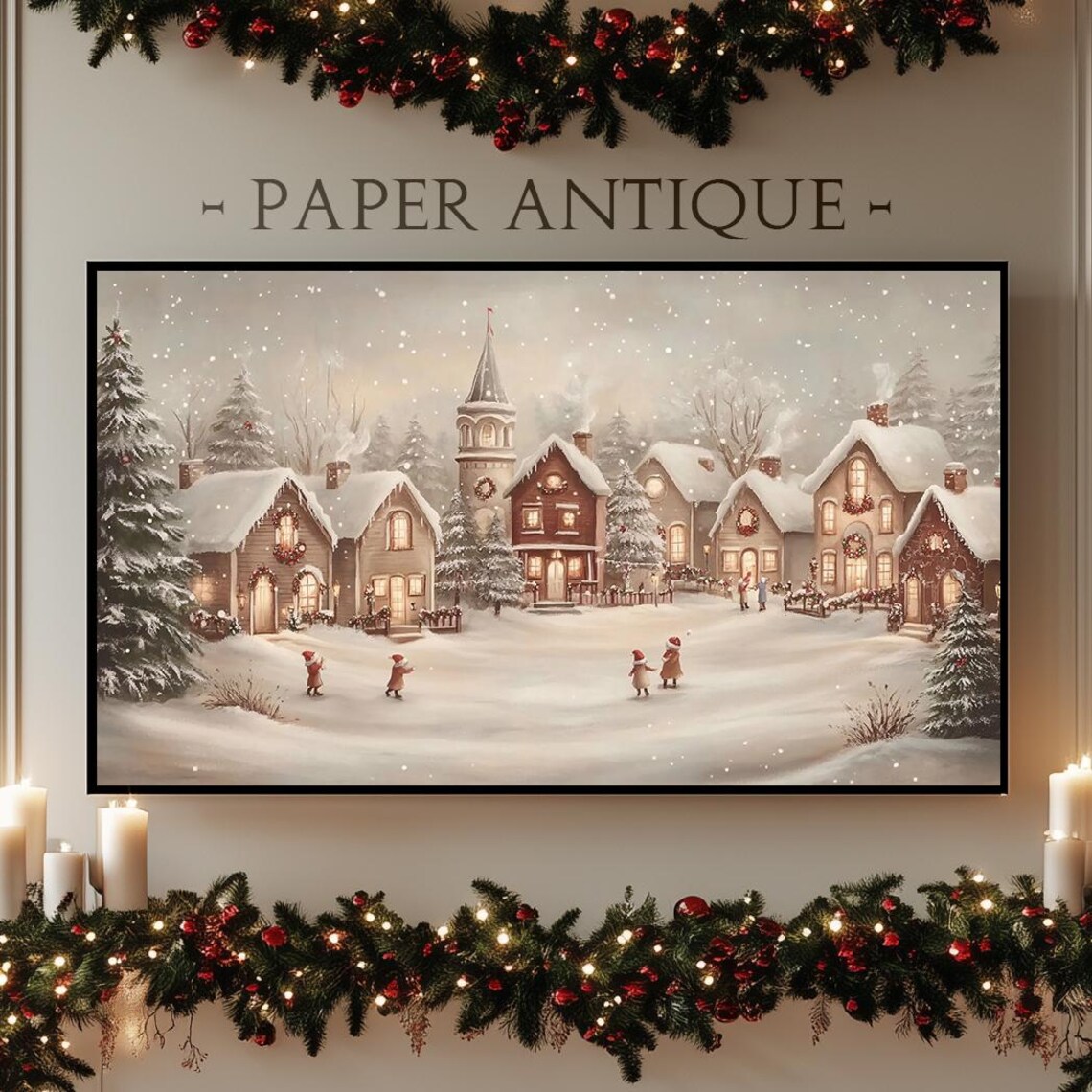 Cozy Christmas Village Church Children in Snow Warm Art Poster