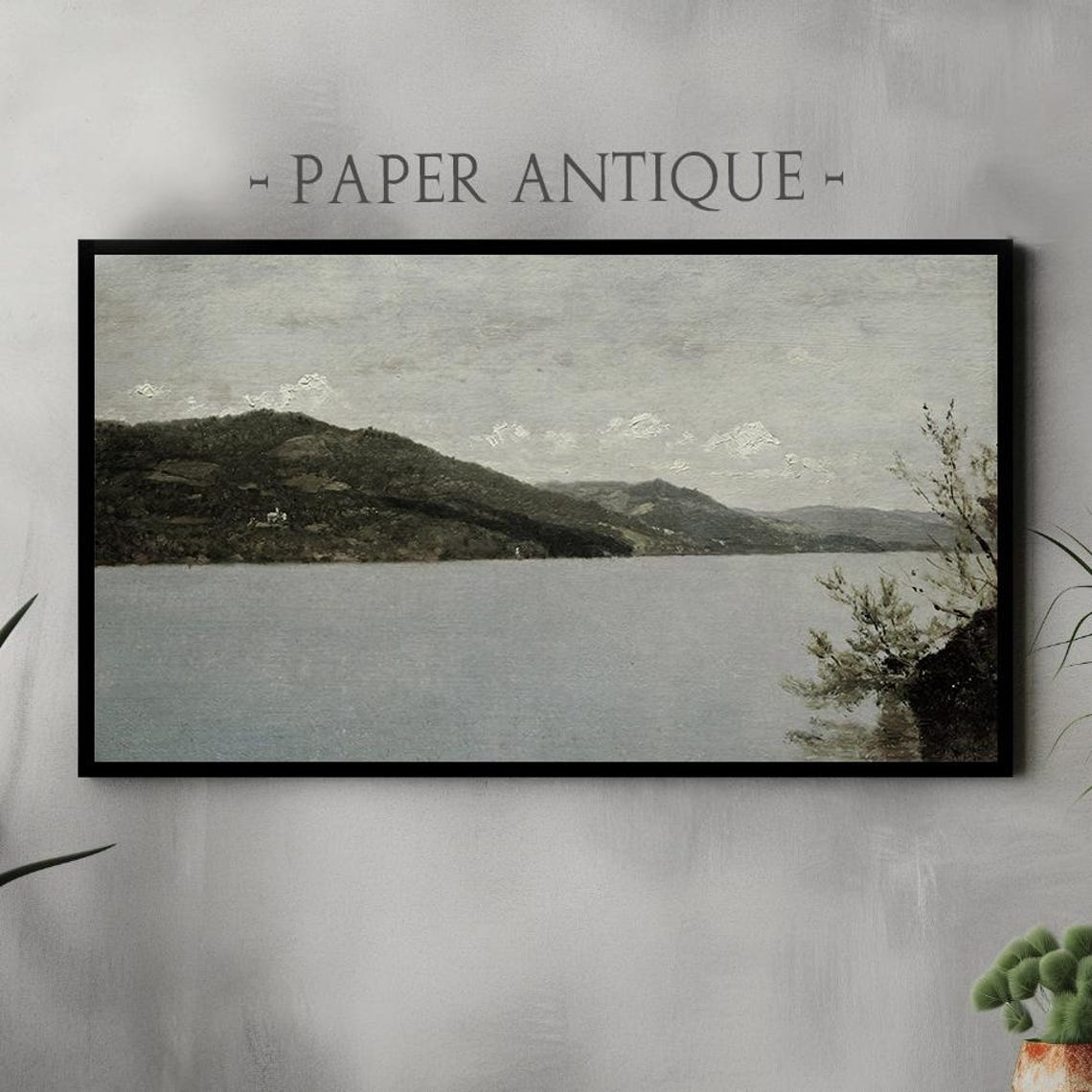 Misty Gray Lake Dark Hills Moody Vintage Landscape Art Poster