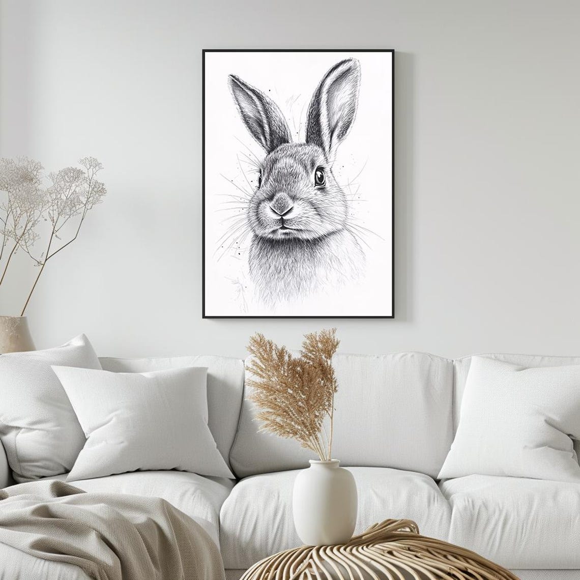 Rabbit Portrait Detailed Black and White Animal Sketch Art Poster - Image 5